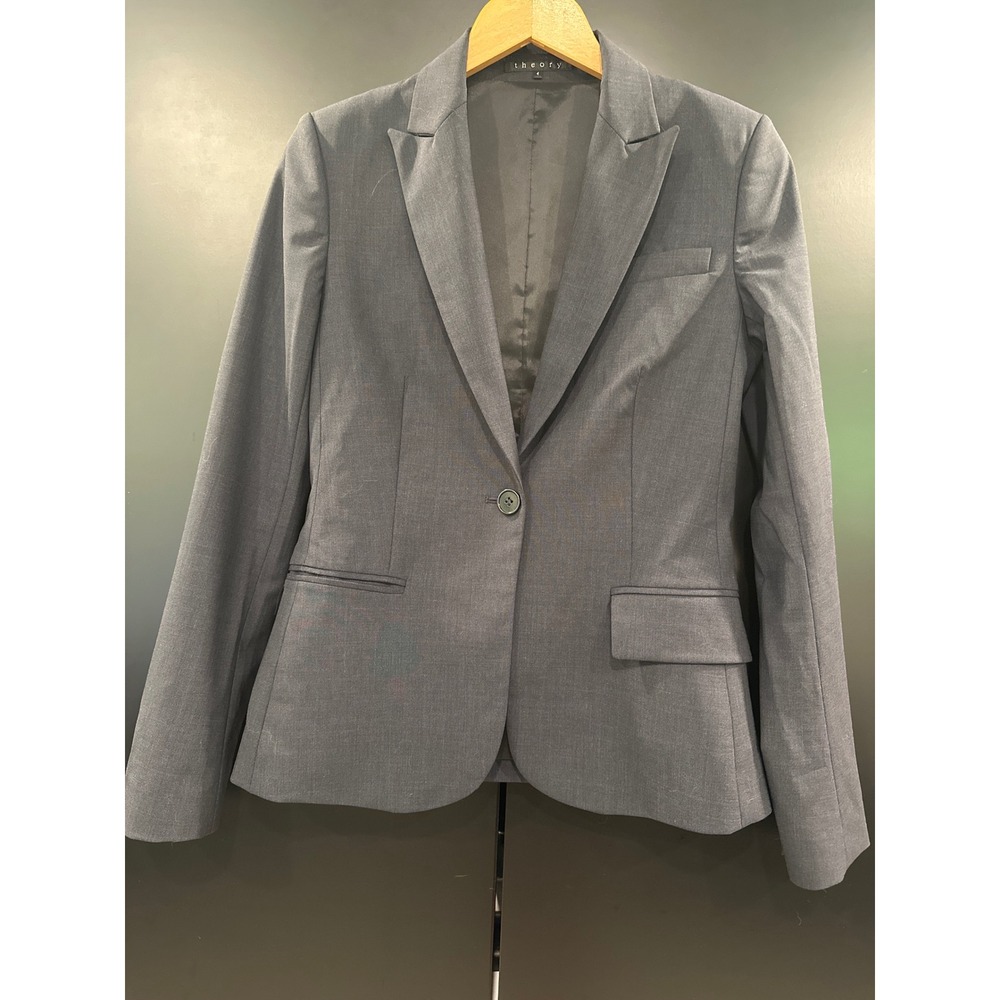 Theory Womens Single Button Wool Blend Blazer Navy Size 4 Made in USA